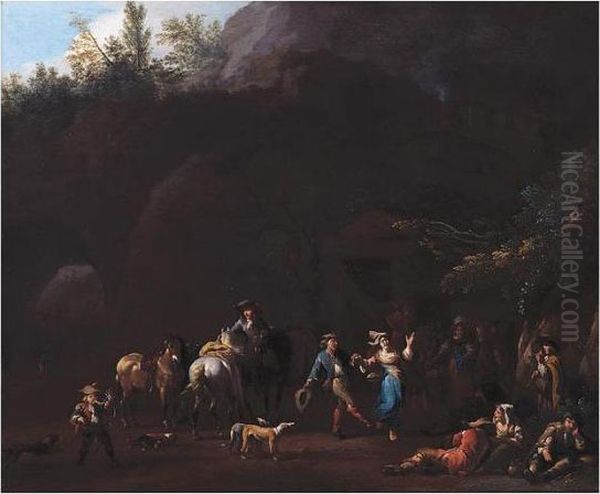 A Merry Company Dancing Before A Tavern Oil Painting by Jan von Huchtenburgh