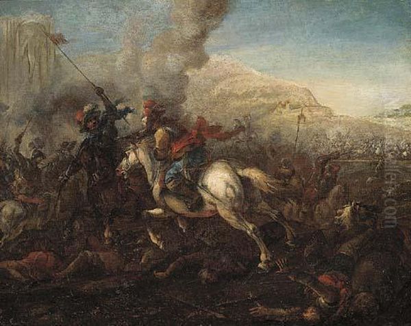 A Cavalry Battle Oil Painting by Jan von Huchtenburgh