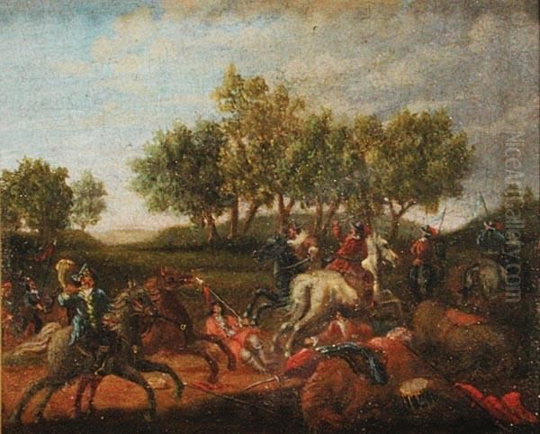 Jan Van Huchtenburg , Cerchia 
Di. Scontro Di Cavalieri. Interessante, Piccolo Dipinto Ad Olio Su 
Tavoletta. Cornice. Cm. 15x18 Oil Painting by Jan von Huchtenburgh