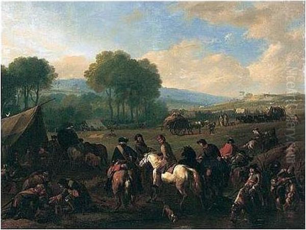 A Military Encampment In An Open Landscape With Cavaliers Conversing By A Pool Oil Painting by Jan von Huchtenburgh