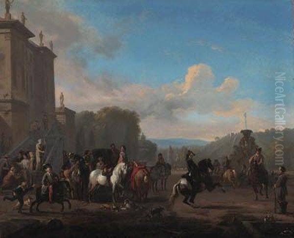 A Hunting Party By A Fountain Outside A Mansion Oil Painting by Jan von Huchtenburgh