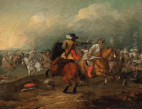 A Cavalry Engagement Oil Painting by Jan von Huchtenburgh