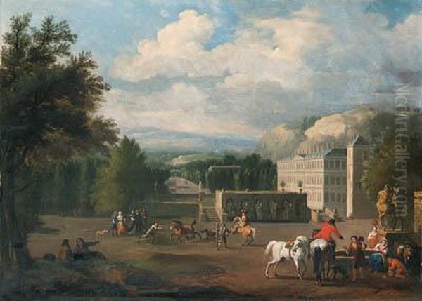 A View Of A Country Mansion With
 A Riding School, A Traveller At Afountain In The Foreground Oil Painting by Jan von Huchtenburgh