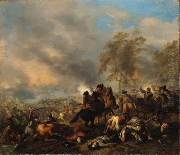 A Cavalry Engagement Near A Town Oil Painting by Jan von Huchtenburgh