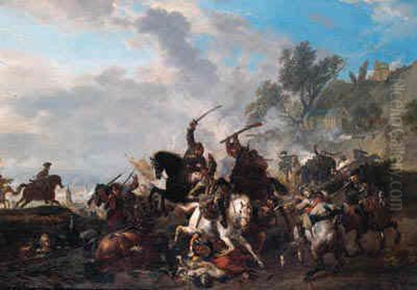 A Cavalry Skirmish, A River Beyond Oil Painting by Jan von Huchtenburgh