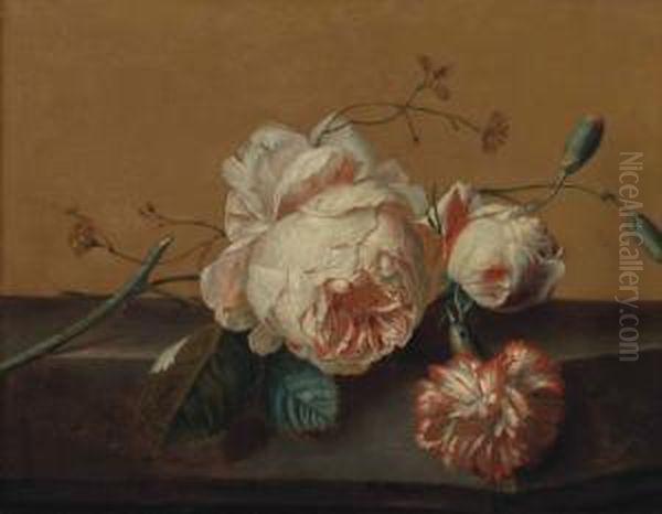 Flourishing Pink Roses And Rosebuds On A Stone Ledge Oil Painting by Jan Van Huysum