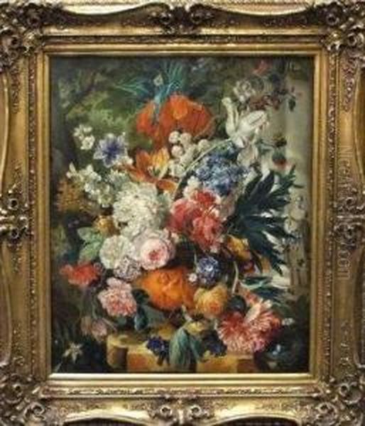 Still Life Of Flowers In A Terracotta Urn Oil Painting by Jan Van Huysum