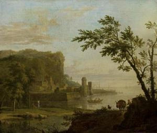 A Coastal Landscape With A 
Traveller And His Horse On A Path, A Walled Port In The Distance Oil Painting by Jan Van Huysum