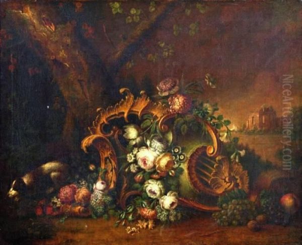 Stilleven Met Bloemen In Cartouche, Een Ruine Op De Achtergrond Oil Painting by Jan Van Huysum