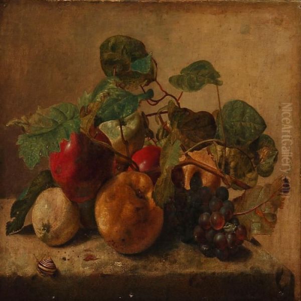 Still Life With Apples, Grapes And A Snail On A Plinth Oil Painting by Jan Van Huysum