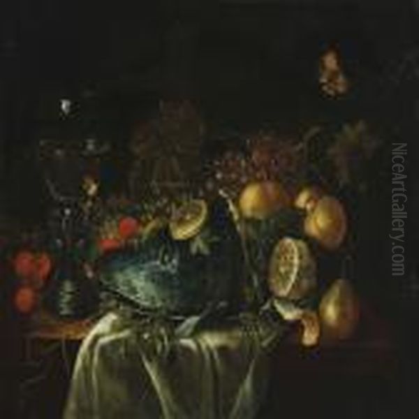 Still Life With Fish, Fruits And Wine Glass On A Table Oil Painting by Jan Van Huysum