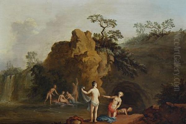 Romantic Landscape With Bathers Oil Painting by Jan Van Huysum