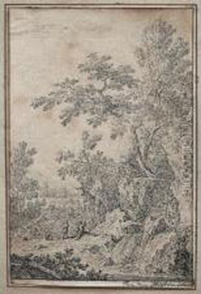 A Landscape With Figures On A Bank Near A Waterfall Oil Painting by Jan Van Huysum