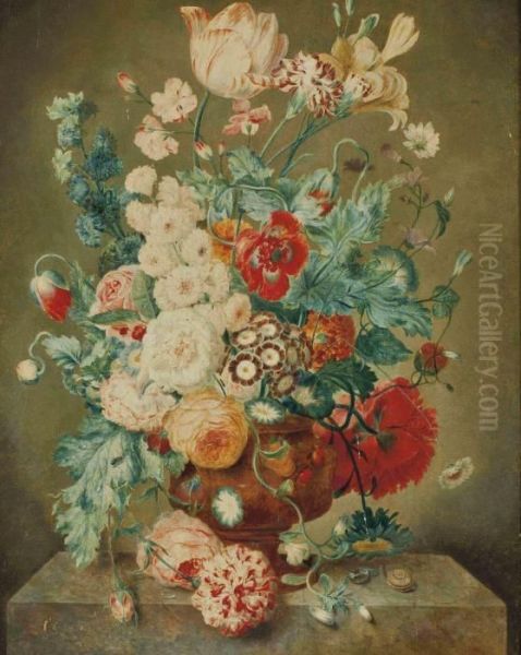 Fleurs Dans Un Vase Sur Un Rebord En Pierre Oil Painting by Jan Van Huysum