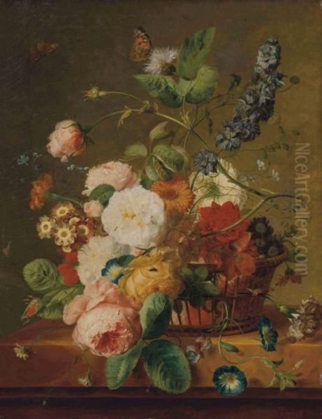 Fleurs Dans Une Corbeille Avec Des Papillons Oil Painting by Jan Van Huysum