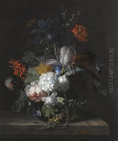 A Still Life With Hydrangea, 
Convolvulus, Polyanthus, Peonies, Auricula, Carnation, Tulips, Snowballs
 And Other Flowers In A Glass Vase Over A Stone Ledge With A Blubottle 
To The Left And A Hornet To The Right Oil Painting by Jan Van Huysum