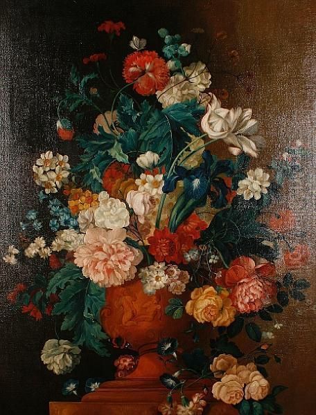 Tulips, Roses, Narcissi, 
Chrysanthemums,irises And Other Flowers In A Terracotta Vase On A 
Marbleledge by Jan Van Huysum