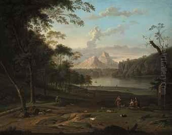 A Wooded, River Landscape With 
Shepherds And Their Flock, A Hilltoptown And Mountains Beyond Oil Painting by Jan Van Huysum