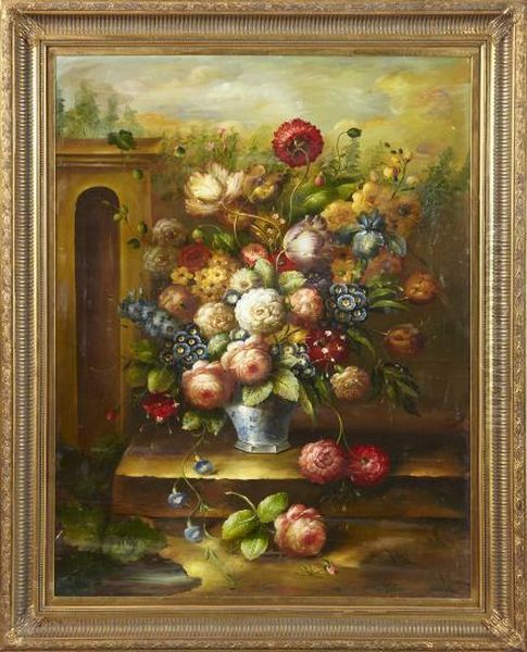 Floral Still Life On A Stone Plinth Ina Garden Landscape Oil Painting by Jan Van Huysum