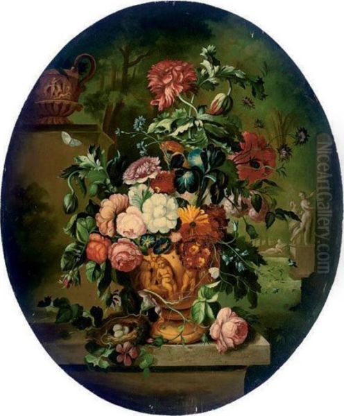 Chrysanthemums, Roses And Other Flowers In A Sculpted Urn, On Aledge Oil Painting by Jan Van Huysum