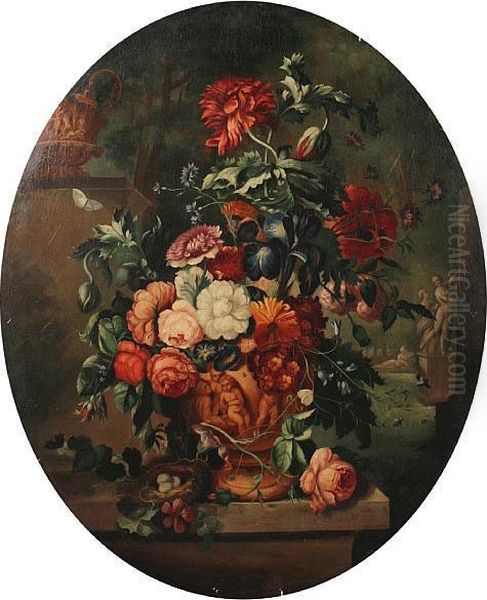 Still Life Of Flowers In A Classical Urn Oil Painting by Jan Van Huysum