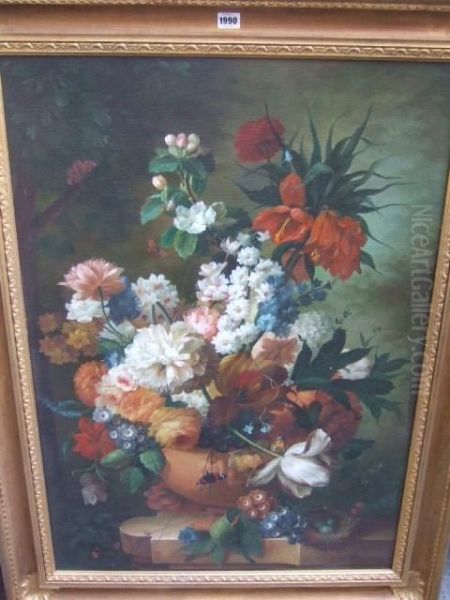 Still Life Of Summer Flowers In An Urn On A Marble Ledge Oil Painting by Jan Van Huysum