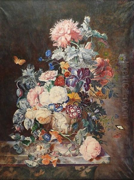 Bouquet De Fleurs, Papillons, Insectes. Oil Painting by Jan Van Huysum