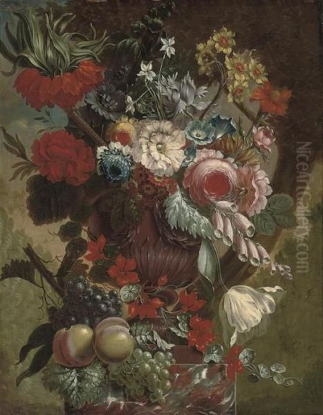 Roses, Narcissi, Convolvulus, 
Amaryllis And Other Flowers In A Sculpted Urn, On A Marble Plinth Oil Painting by Jan Van Huysum