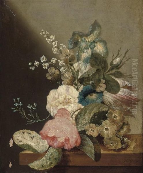 Roses, An Iris, Lily Of The Valley On A Wooden Ledge Oil Painting by Jan Van Huysum