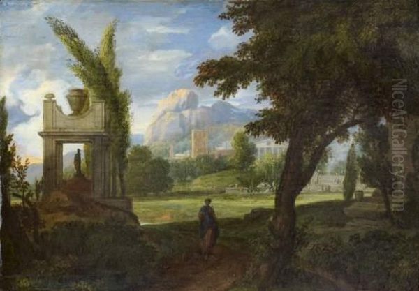 Paysage De Campagne Aux Abords D'une Ville Antique Avec A Gauche Un Cenotaphe Oil Painting by Jan Van Huysum