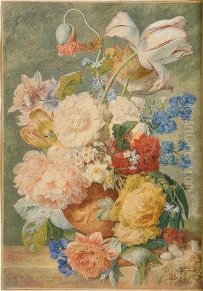 Flowers In A Terracotta Vase On A Marble Ledge Oil Painting by Jan Van Huysum