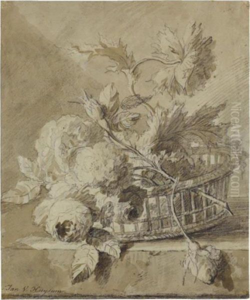 A Basket Of Flowers On A Plinth Oil Painting by Jan Van Huysum