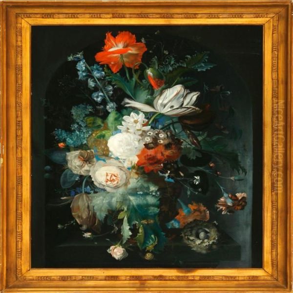 Still Life With Flowers, Snails And A Bird's Nest On A Table Oil Painting by Jan Van Huysum