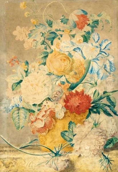 Flower Still Life On A Plinth Oil Painting by Jan Van Huysum