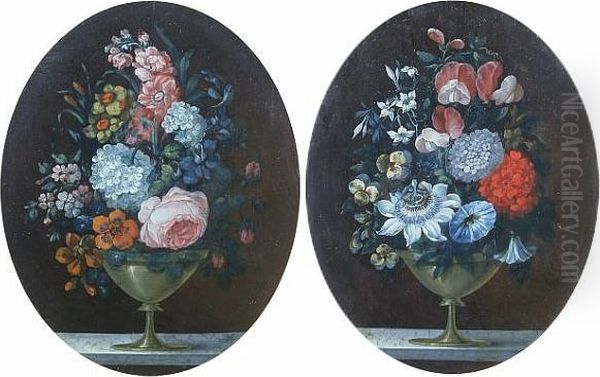 A Flowerpiece, Together With Another Similar, A Pair, Ovals Oil Painting by Jan Van Huysum