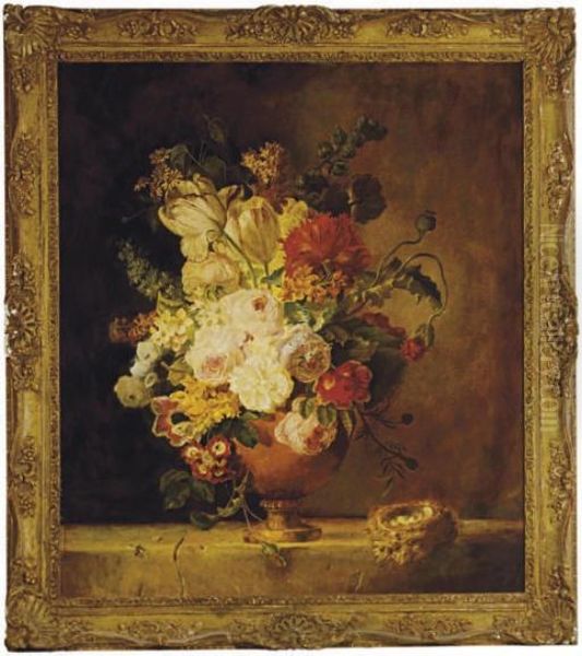 Still Life Of Flowers And A Birds Nest On A Ledge Oil Painting by Jan Van Huysum