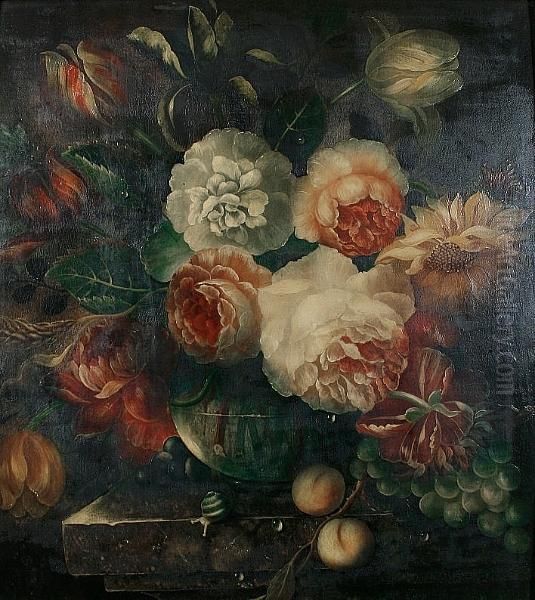 A Still Life Of Roses, Peonies, 
Tulips And Wheat In A Glass Bowl With Apricots, Red And White Grapes, 
Butterflies And A Snail On A Stone Ledge Oil Painting by Jan Van Huysum