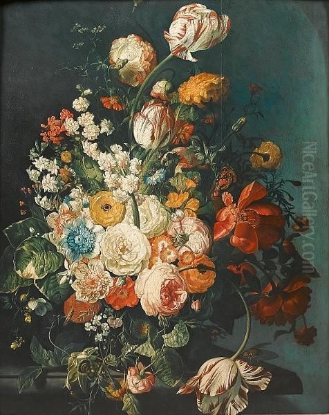 Roses, Tulips, Chrysanthemums, Poppies And Other Flowers In A Vase On A Stone Ledge Oil Painting by Jan Van Huysum