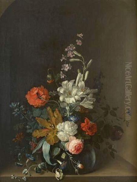 Vase De Roses, Lis Blanc, Pavot Et Tulipes Sur Un Entablement Oil Painting by Jan Van Huysum