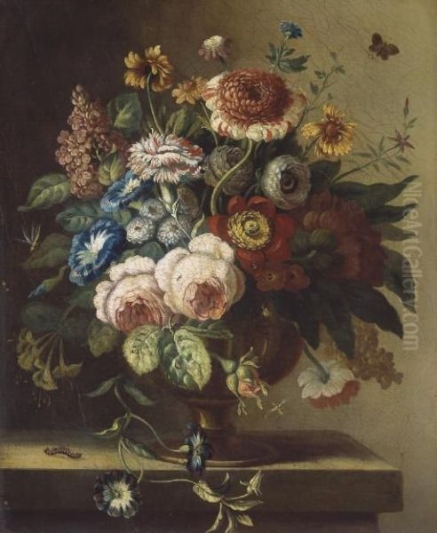 Bouquet De Fleurs Dans Un Vase En Bronze Sur Un Entablement Oil Painting by Jan Van Huysum