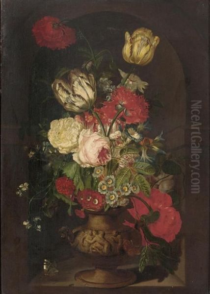 Carnations, Tulips, Morning 
Glories, A Rose And Other Flowers In A Sculpted Urn In A Casement, With 
Two Butterflies by Jan Van Huysum