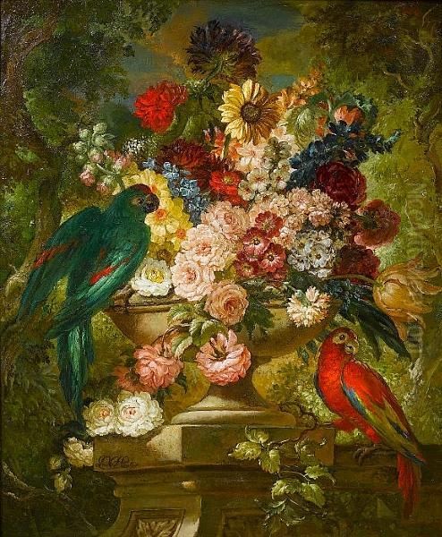 A Sunflower, Roses, A Carnation,
 Tulips, Narcissi And Other Flowers, In A Stone Urn On A Plinth With Two
 Parrots Oil Painting by Jan Van Huysum