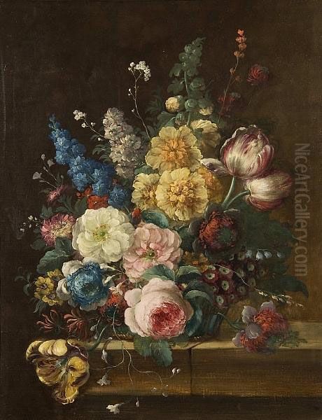 Still Life Of Flowers On A Ledge Oil Painting by Jan Van Huysum