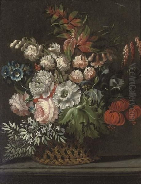 Chrysanthemums, Roses And Other Flowers In A Wicker Basket, On A Ledge Oil Painting by Jan Van Huysum