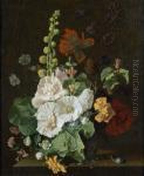 Hollyhocks And Other Flowerswith Snails Oil Painting by Jan Van Huysum