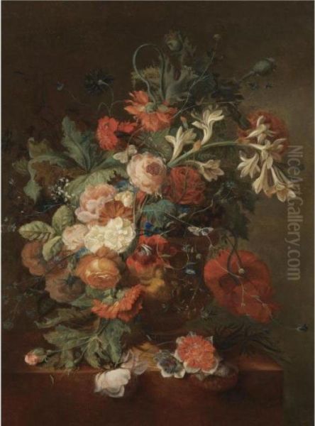 Still Life With Roses, Morning 
Glory, Orange Blossom And Various Other Flower Together In An Urn On A 
Stone Ledge Oil Painting by Jan Van Huysum