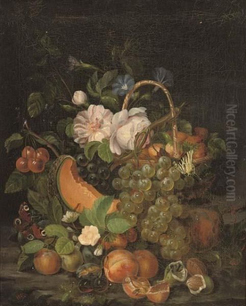 Butterflies On A Basket Of Fruit And Summer Blooms Oil Painting by Jan Van Huysum