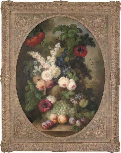 Peonies, Delphiniums, Stock, With Grapes And Peaches To The Side Oil Painting by Jan Van Huysum