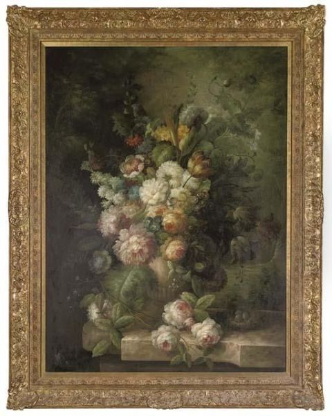 Poppies,tulips And Other Flowers On A Stone Hedge Oil Painting by Jan Van Huysum