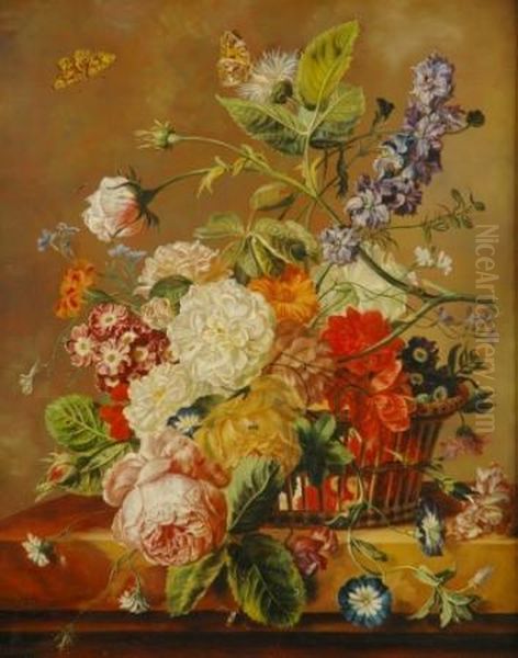 Basket Of Flowers With Butterflies Oil Painting by Jan Van Huysum